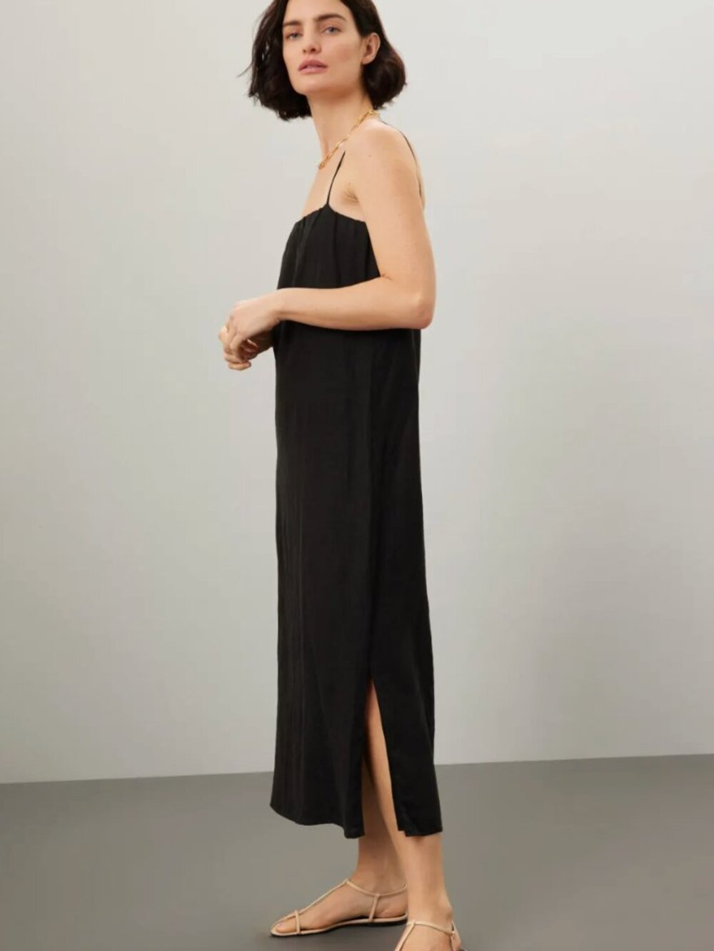 DONNI. Black Midi Slip Dress with Side Slit